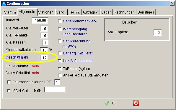 Bildschirmfoto PS-WIN: Configuration 2 Geschaeftsjahr