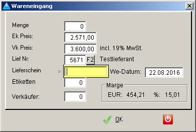 Bildschirmfoto PS-WIN: Wareneingang